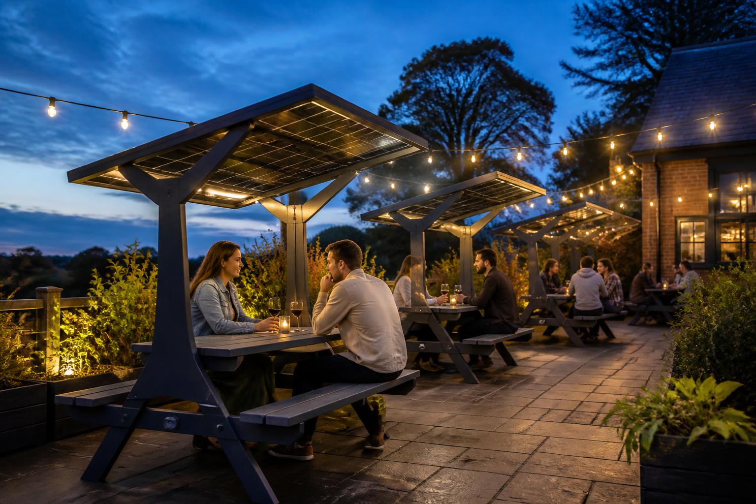 Solar canopy benches on a lit hospitality terrace at blue hour