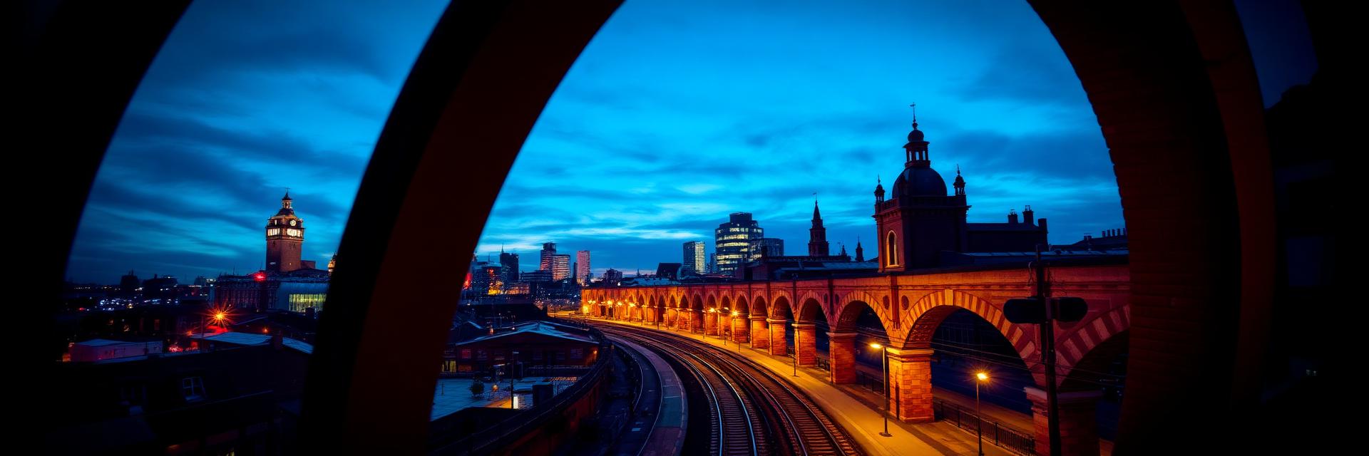Manchester skyline and railway arches at blue hour