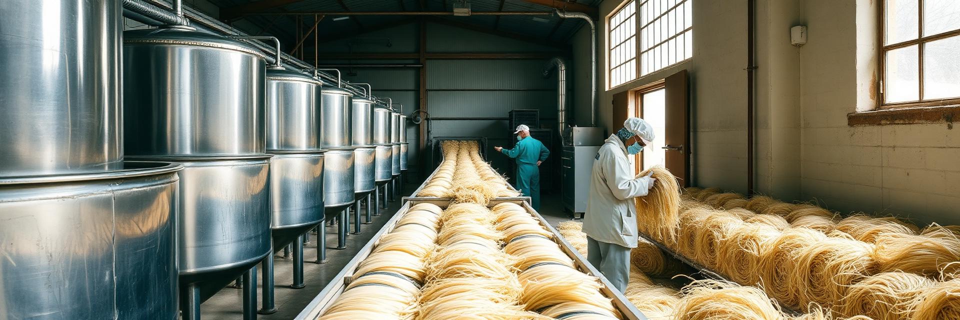 Workers handling hemp fibre beside stainless pulping tanks in a clean workshop