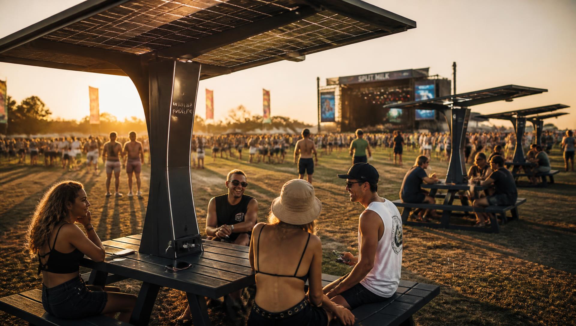 Festival crowd seated at Canopei solar canopy tables charging phones at golden hour